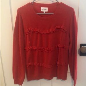 Sezane red sweater, ruffle with lace detail.